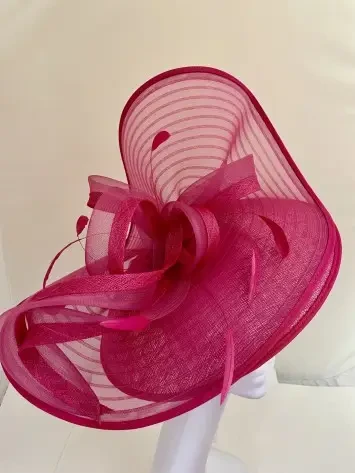 image shows a pink fascinator